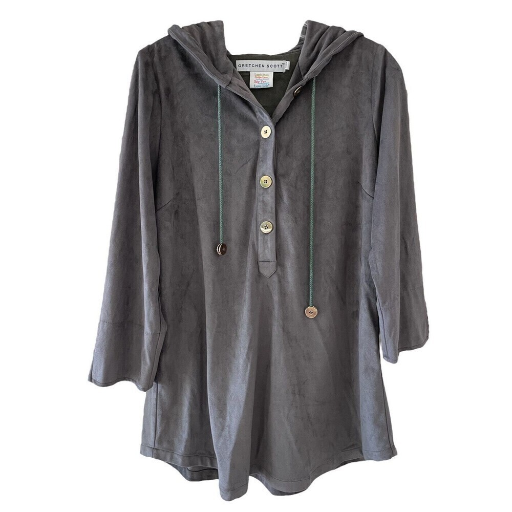 Gretchen Scott Gray Ultra Suede Pullover Jacket With Hood Gold Accents Sz M